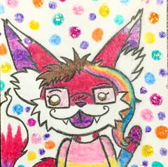A simple stylized cartoon fox with large ears and a silly smile on a rainbow polkadot background.